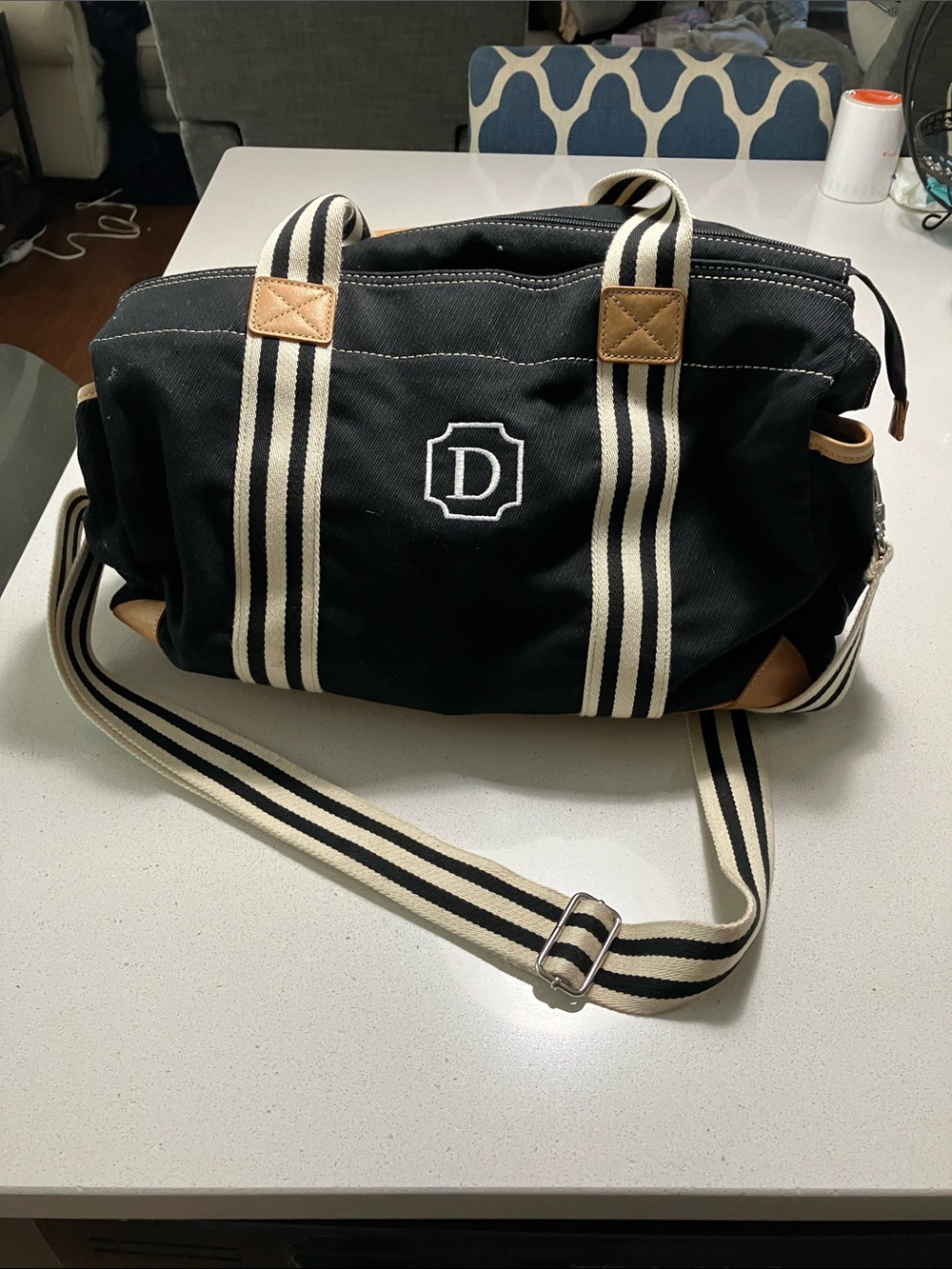 Pottery Barn Kids Black Canvas Baby Bag with Cream Striped Webbing